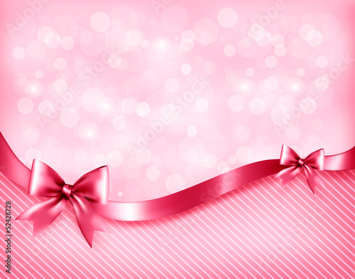 Holiday pink background with gift glossy bows and ribbon. Vector