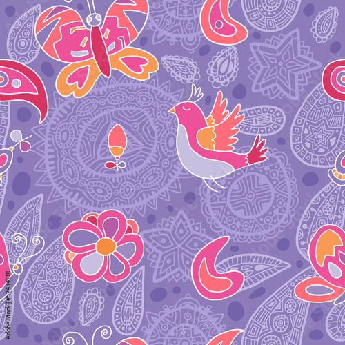 Seamless pattern with butterflies, bird and flowers