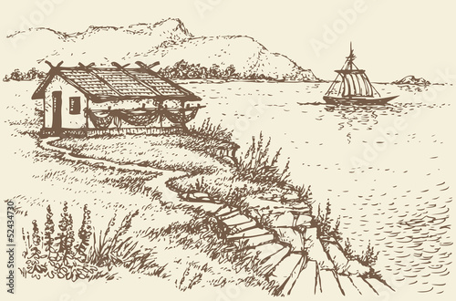 Vector landscape. Fisherman's hut on a cliff near sea