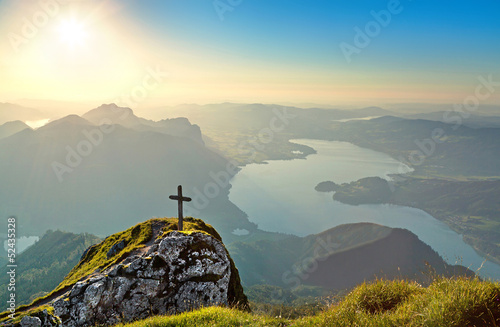 Obraz na płótnie Beautiful landscape with Alps at sunset, Salzkammergut, Austria w salonie