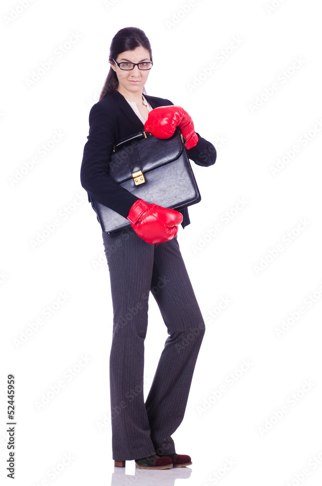 Woman businesswoman with boxing gloves on white Woman businesswoman with boxing gloves on white