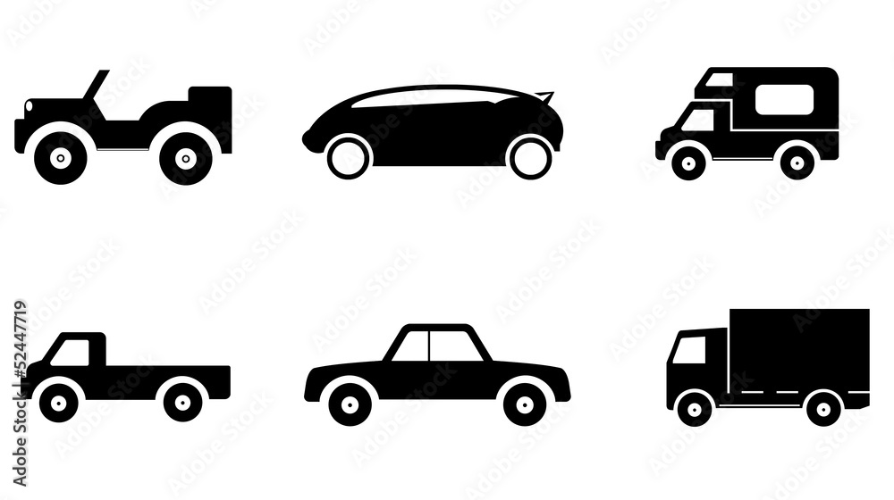 Voitures et camions en 4 icônes