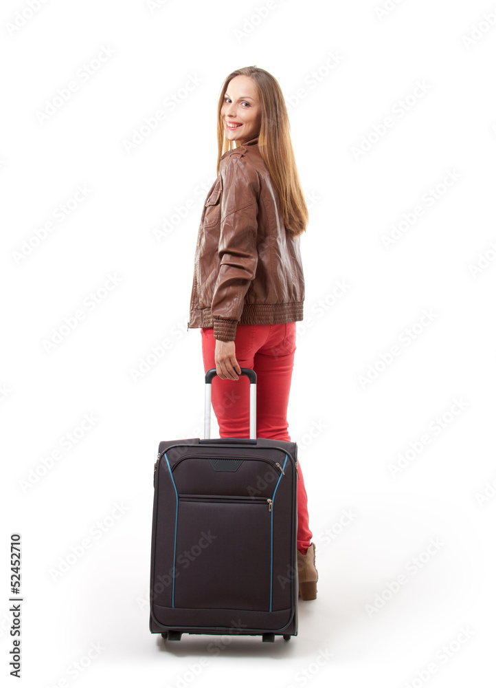 woman with the travel bag, isolated on white background woman with the travel bag, isolated on white background