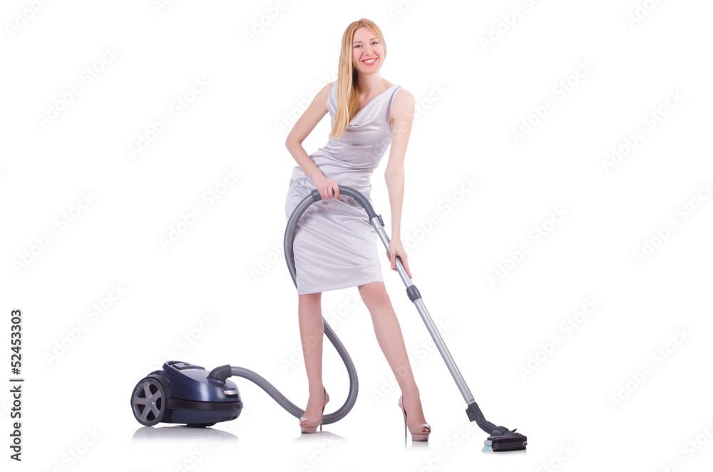 Young woman with vacuum cleaner on white Young woman with vacuum cleaner on white