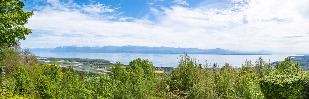 Panoramic view of the Leman Lake from Signal de Bougy park