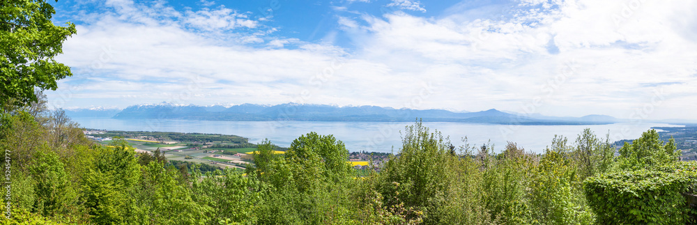 Fototapeta premium Panoramic view of the Leman Lake from Signal de Bougy park