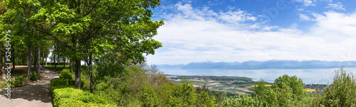 Panoramic view of the Leman Lake from Signal de Bougy park