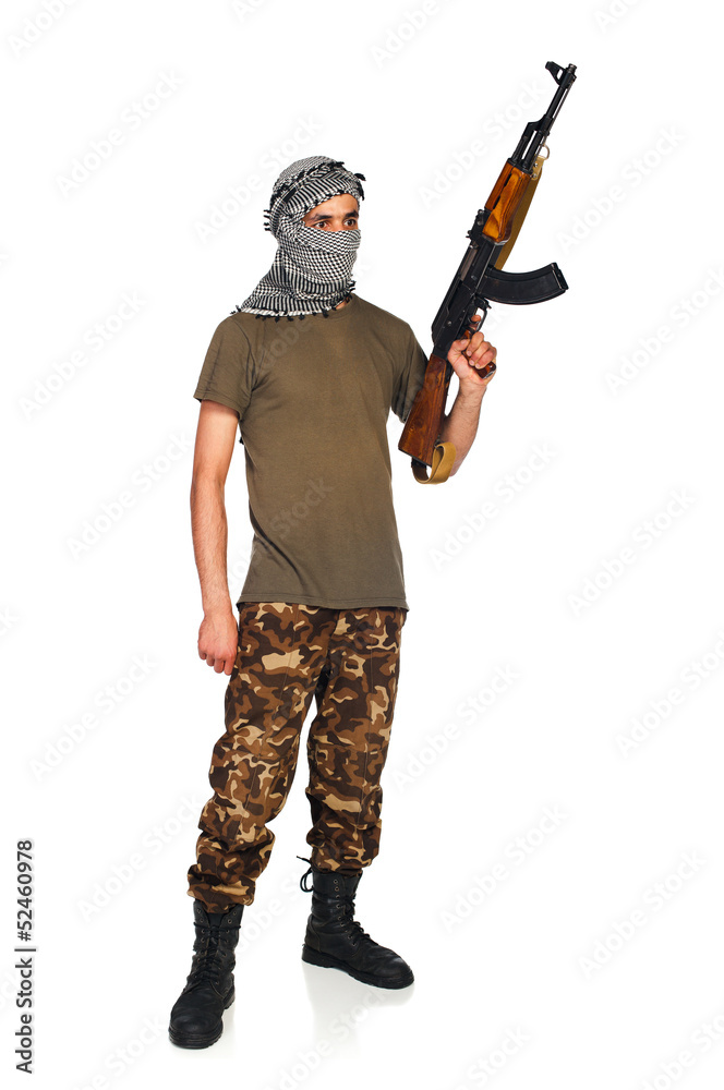Terrorist with automatic gun on white background Terrorist with automatic gun on white background