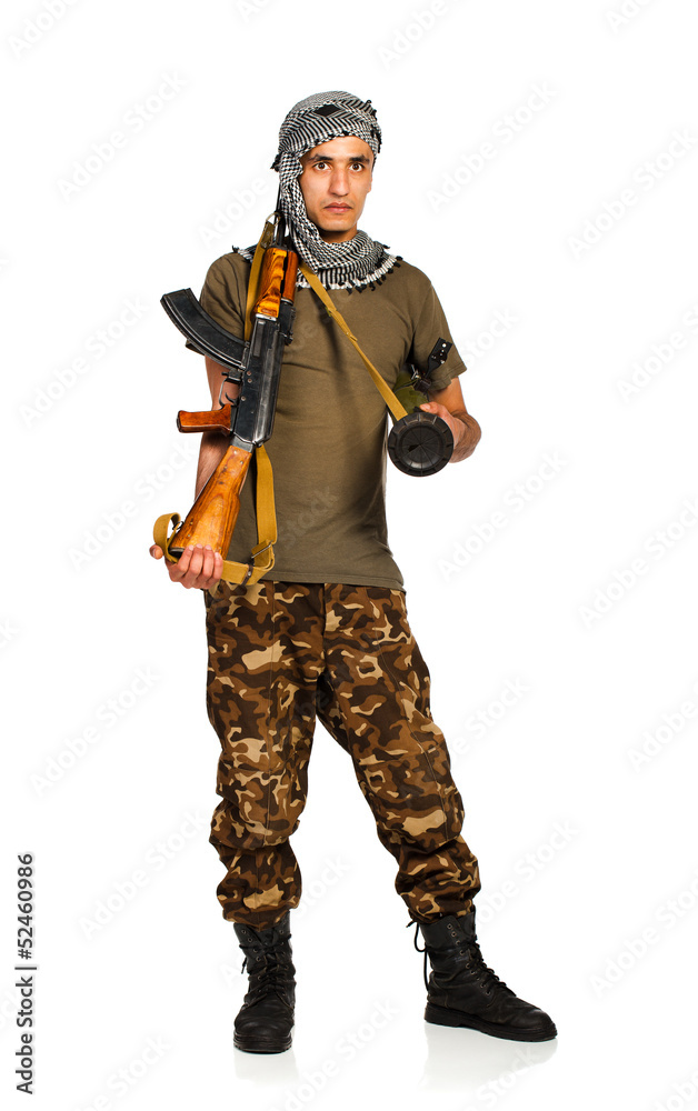 Terrorist with automatic gun and launcher on white background Terrorist with automatic gun and launcher on white background
