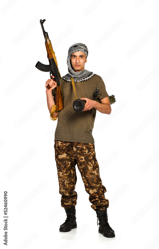 Terrorist with automatic gun and launcher on white background Terrorist with automatic gun and launcher on white background
