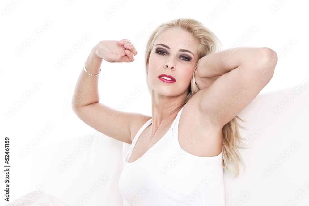 Fototapeta premium Frau blond isoliert - morgens beim Aufstehen