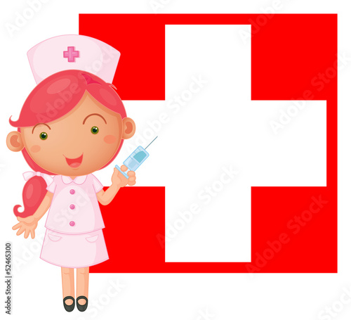 A nurse with an injection in front of the Switzerland flag