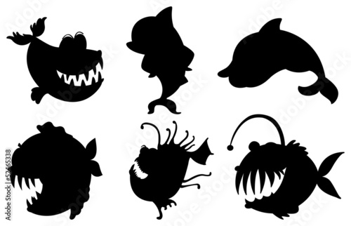 Six silhouettes of fishes with big fangs