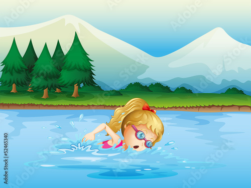 A girl swimming near the pine trees
