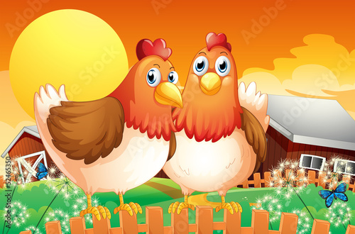 A farm with two hens above the fence
