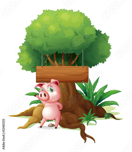 A pig standing in front of an empty wooden signboard