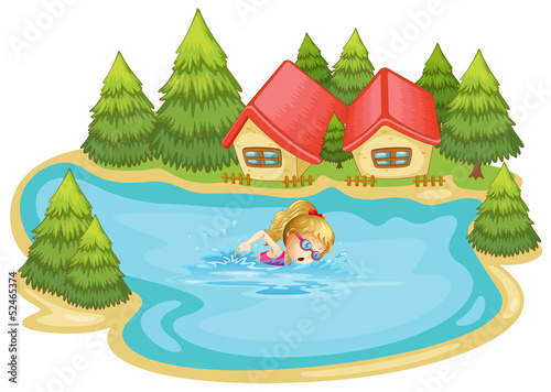 A girl swimming near the pine trees