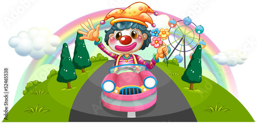 A happy female clown riding on a pink car
