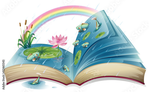 A book with an image of a pond