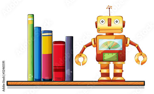 A wooden shelf with a robot and books