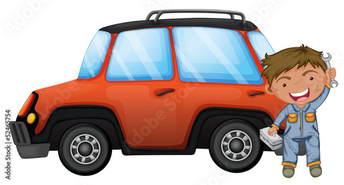 A man fixing the orange car