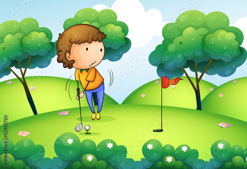 A woman playing golf at the top of the hill