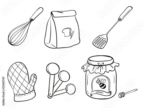 A doodle set of kitchen utensils, baking powder and honey jam