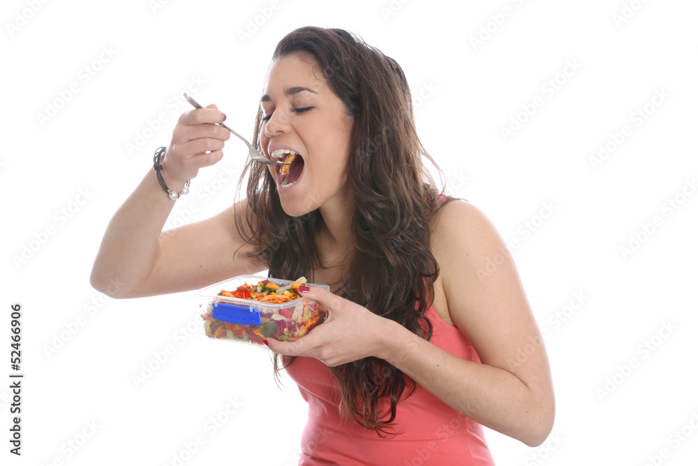 Model Released. Young Woman Eating Pasta Salad Model Released. Young Woman Eating Pasta Salad