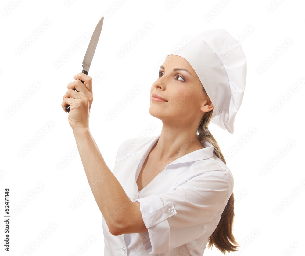 Woman cook holding a kitchen knife, isolated on white background