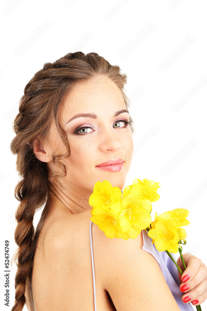 Young woman with beautiful hairstyle and flowers, isolated