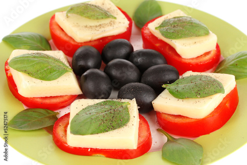 Cheese mozzarella with vegetables in the plate close-up photo