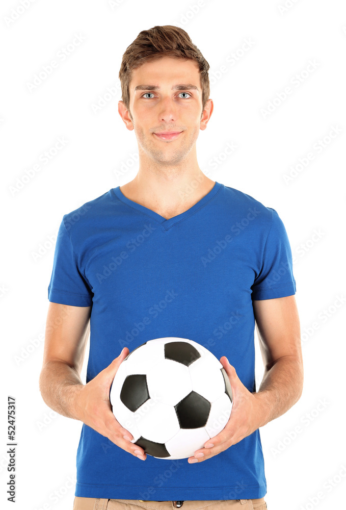 Young soccer player holding ball, isolated on white Young soccer player holding ball, isolated on white