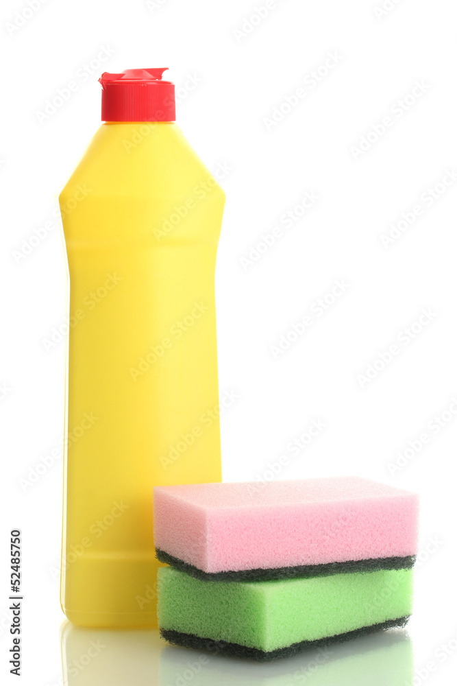 Dishwashing liquid and sponges isolated on white. Dishwashing liquid and sponges isolated on white.