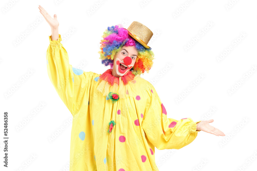 Funny circus clown gesturing with hands
