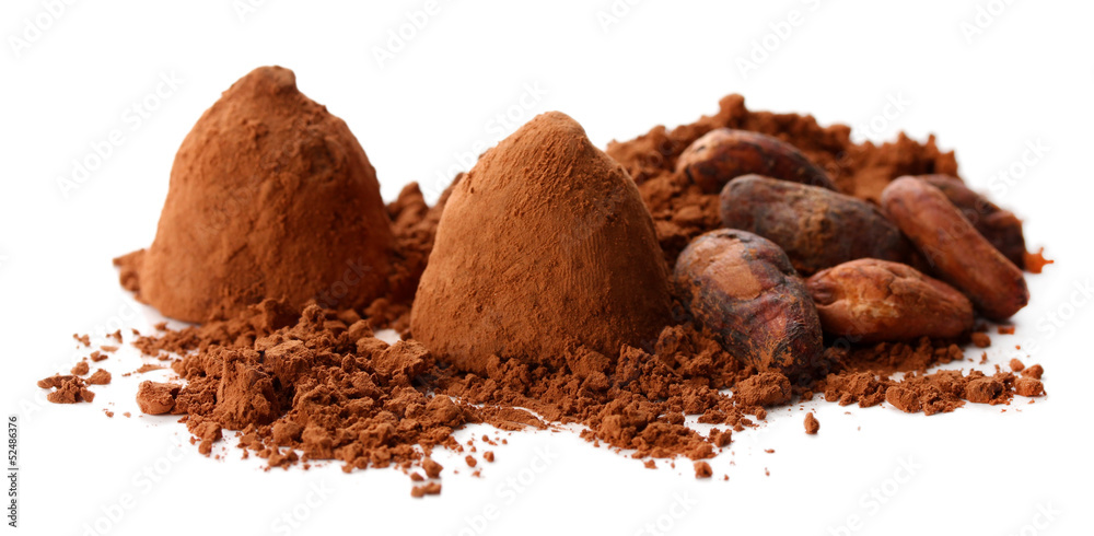 Chocolate truffles and cocoa isolated on white Chocolate truffles and cocoa isolated on white