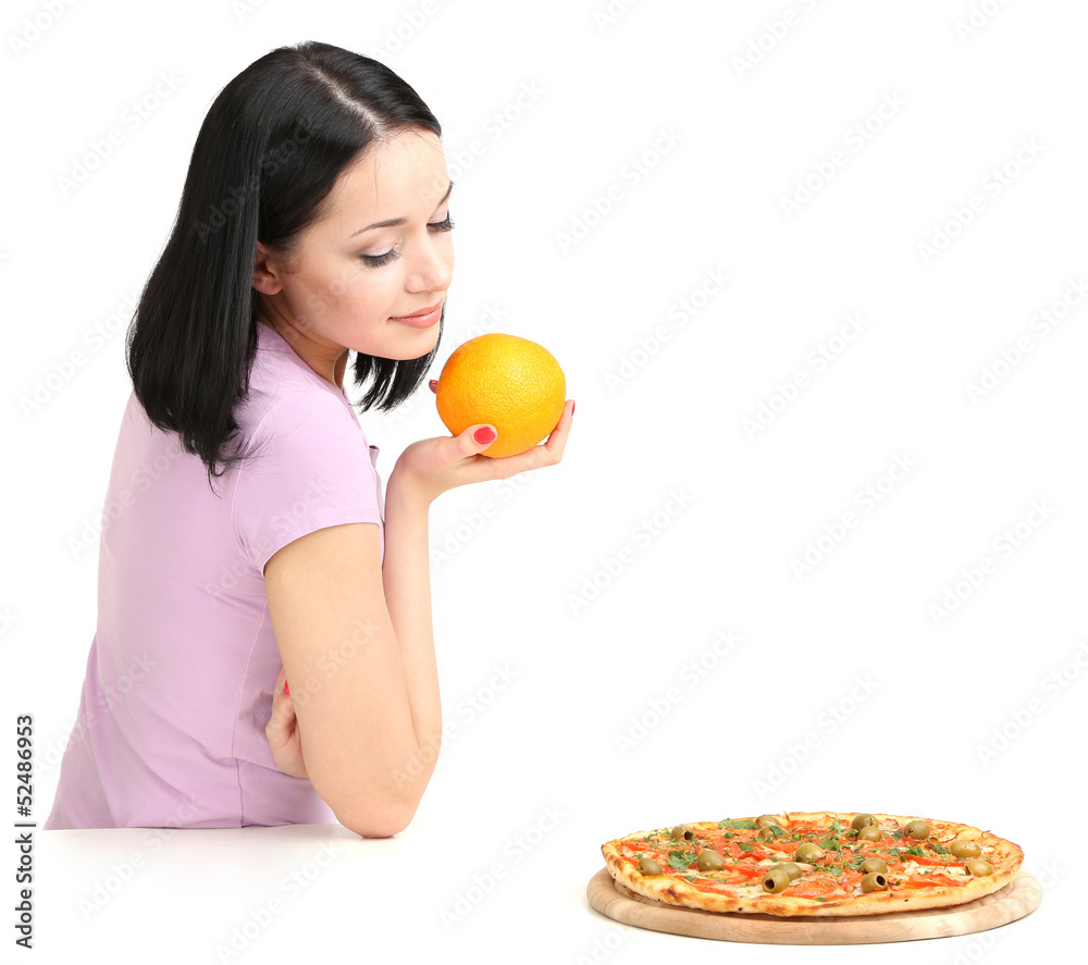 Pretty girl selects pizza or diet isolated on white Pretty girl selects pizza or diet isolated on white