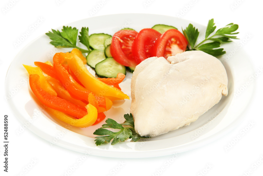 Boiled chicken breast on plate with vegetables close up Boiled chicken breast on plate with vegetables close up