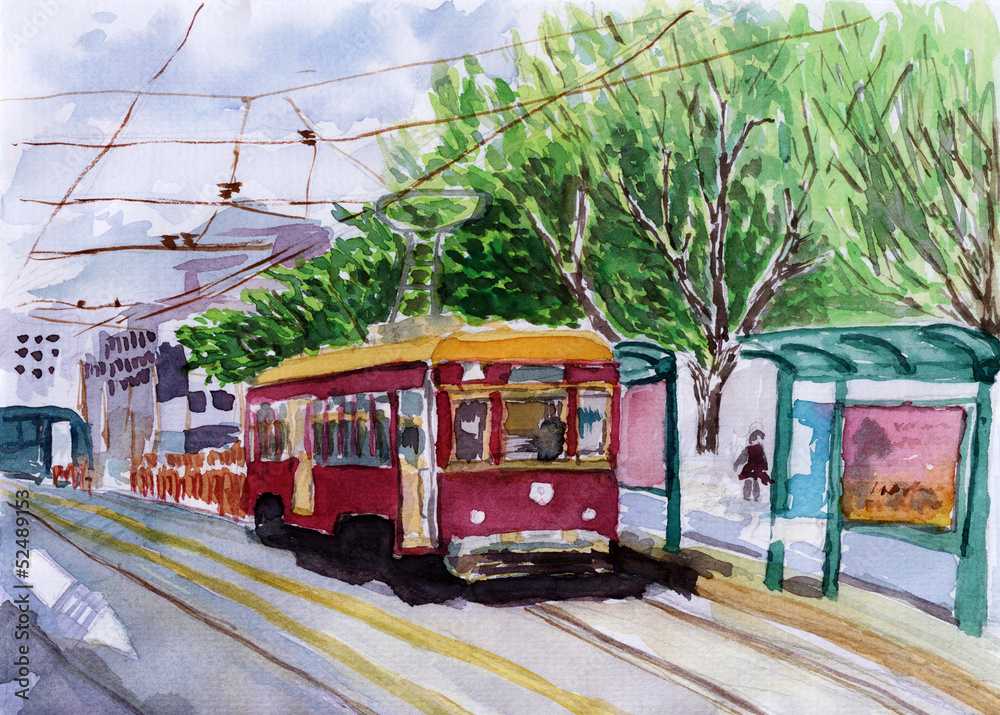 Fototapeta premium streetcar watercolor sketch