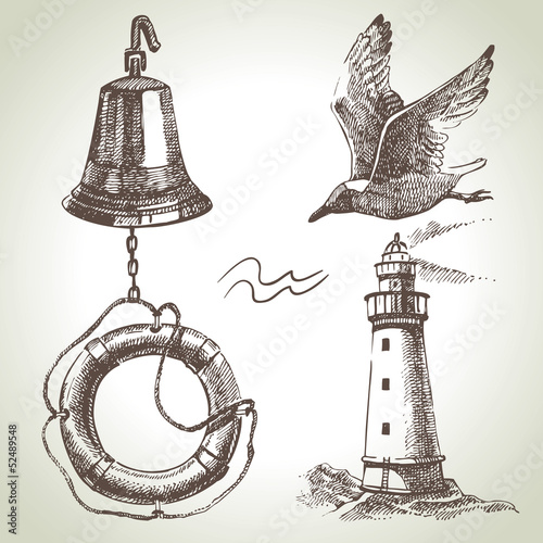 Sea set of nautical design elements. Hand drawn illustrations