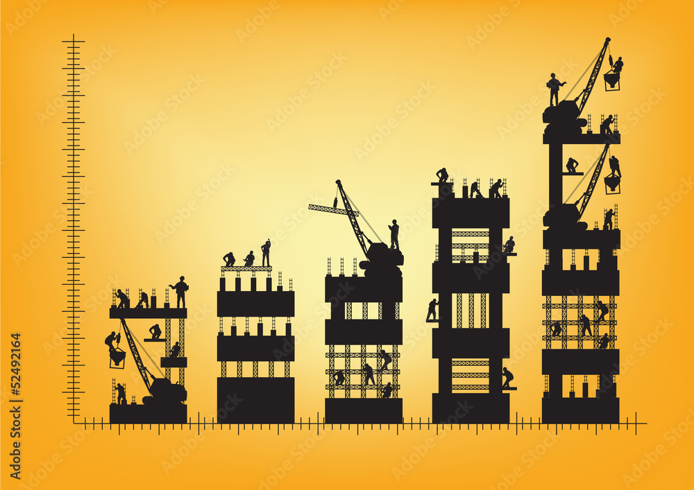 Obraz premium Vector construction worker silhouette at charts and graphs