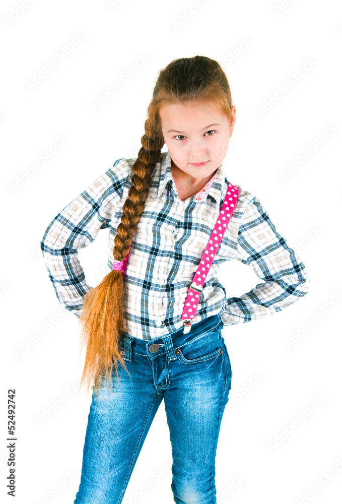 girl with long braid in a plaid shirt and jeans girl with long braid in a plaid shirt and jeans