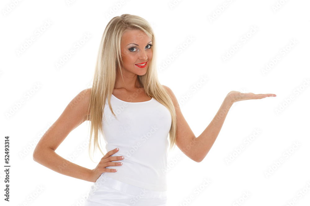 Blonde woman holds an imaginary object in a hand. Blonde woman holds an imaginary object in a hand.