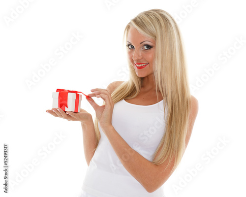 Blonde woman with gift box.