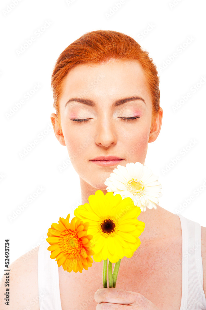 Woman with flowers and closed eye's