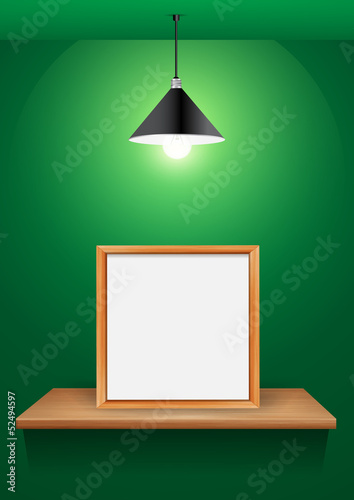 Wood shelf with photo frame. Vector illustration template design