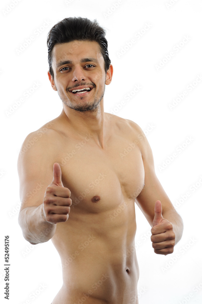 Muscular Man pointing OK isolated white background Muscular Man pointing OK isolated white background