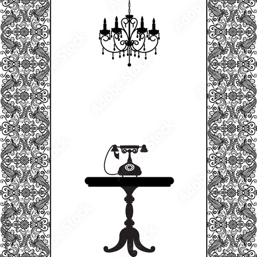 telephone, table and chandelier