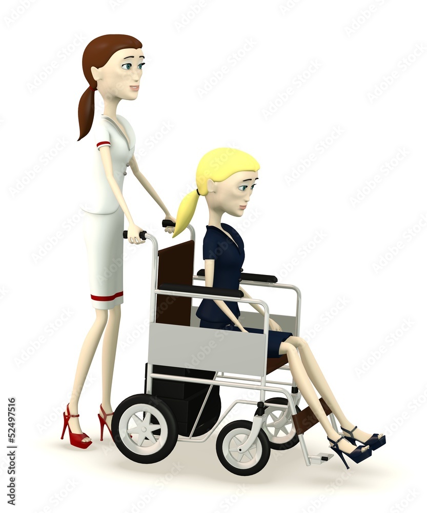 3d render of cartoon character on manual wheel chair