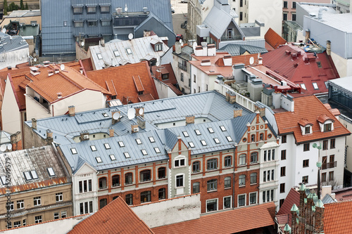Red and blue  city roofs