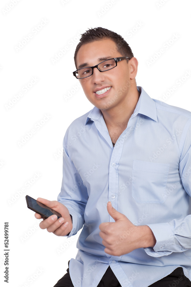 Man holding a mobile giving a thumbs up